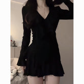 supernatural dress to impress Hepburn Style Black Collar Dress Tight Waist Long Sleeve Royal Sister Temperament Sheath Skirt